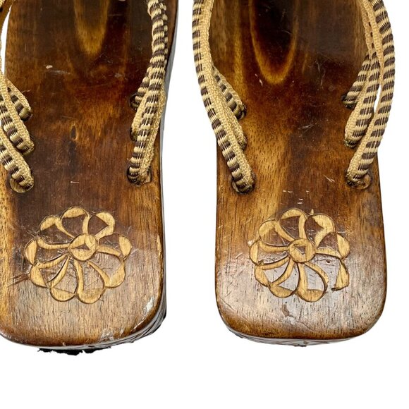 Carved Wooden Japanese Inspired Raffia Flip Flop Platform Thong Sandals Sz 6/6.5 - Picture 6 of 9